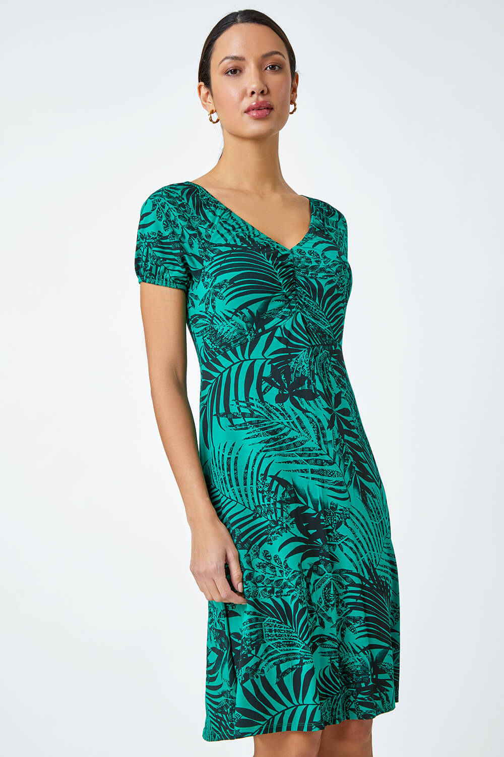Green Leaf Print Stretch Ruched Dress | Roman UK