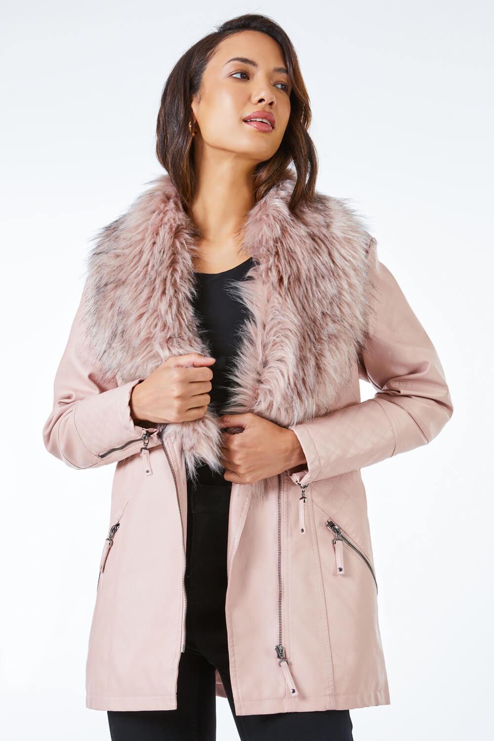 PINK Longline Faux Leather Belted Coat, Image 2 of 5