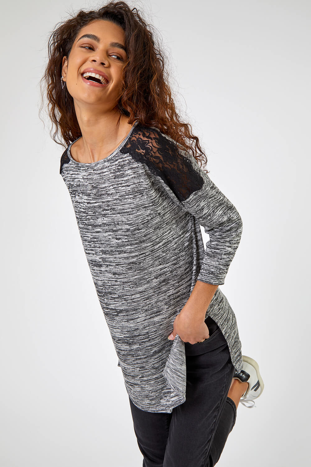 Grey Lace Shoulder Tunic Top, Image 4 of 5