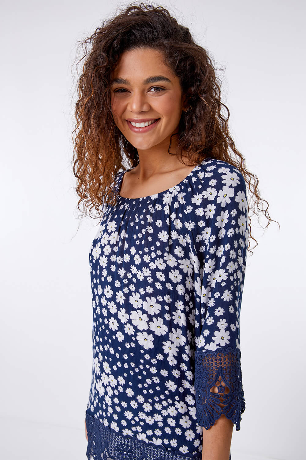Navy  Floral Print Lace Trim Top, Image 4 of 4