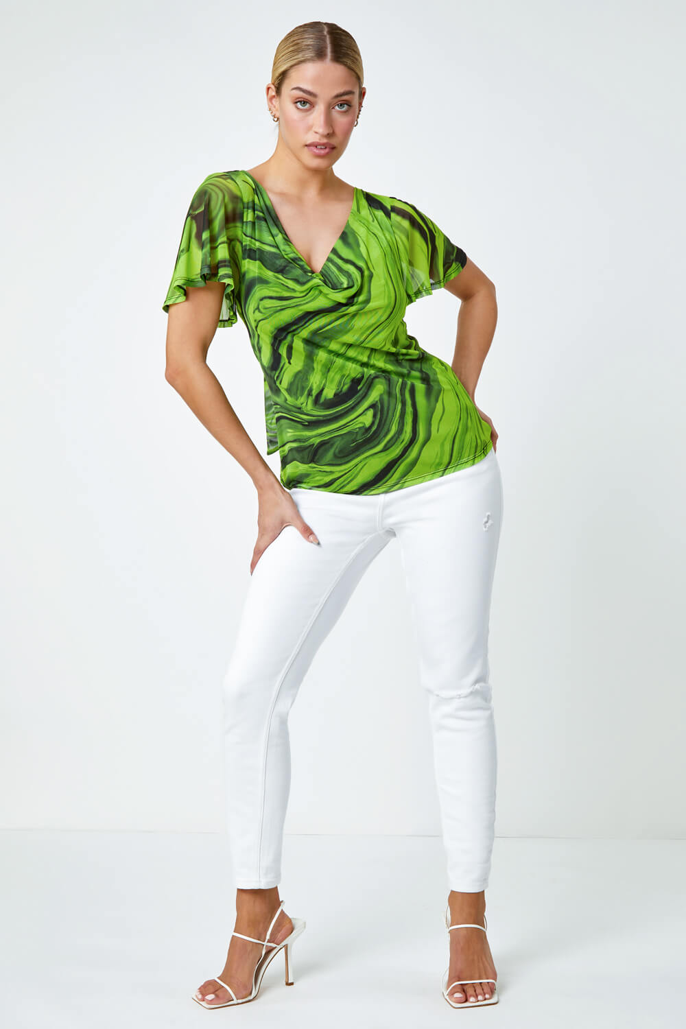Green Swirl Print Stretch Cut Out Top, Image 4 of 5