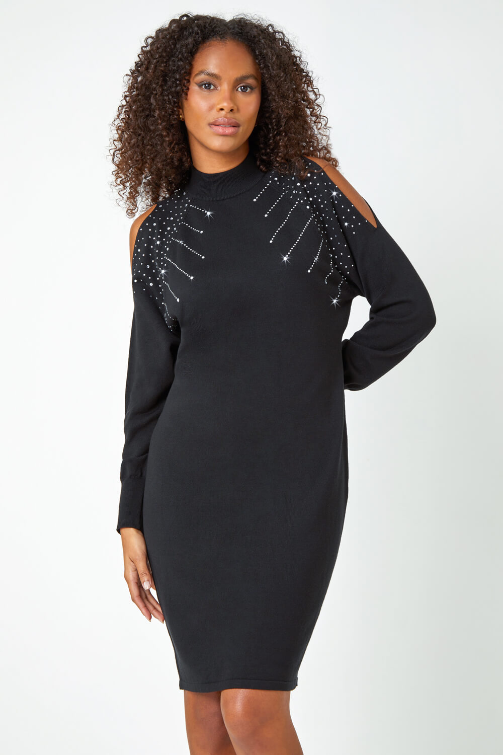 Black Embellished Split Sleeve Jumper Dress, Image 2 of 5