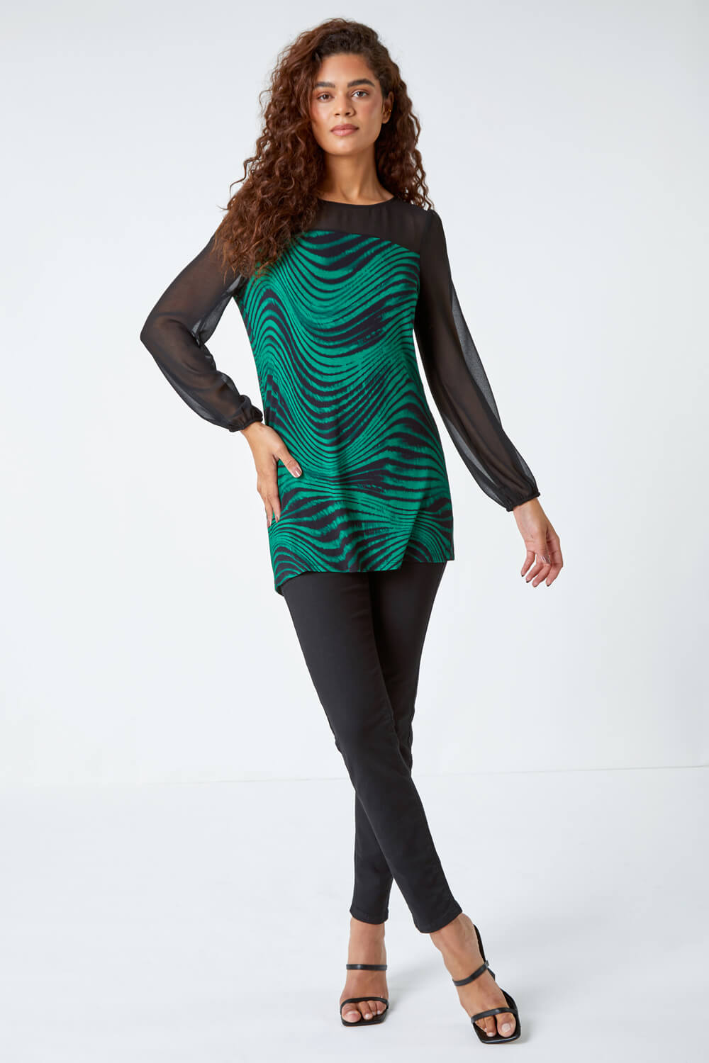 Green Abstract Print Chiffon Sleeve Stretch Top, Image 2 of 5