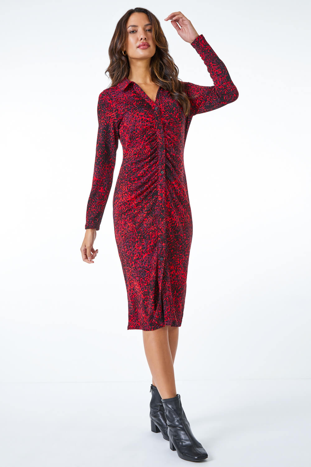 Red Ruched Front Stretch Leopard Print Dress, Image 4 of 5