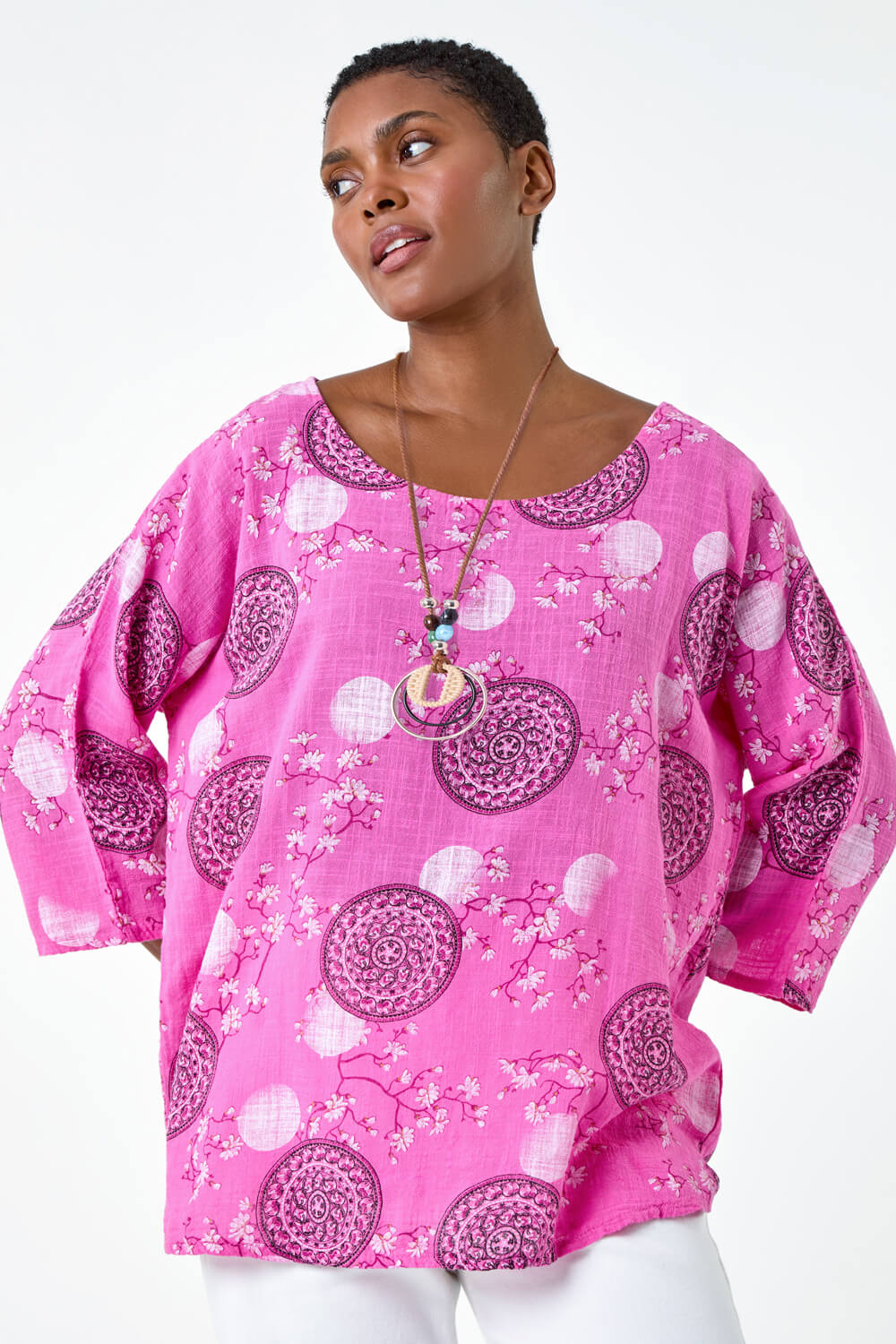 PINK Floral Embroidered Cotton Top with Necklace, Image 2 of 5