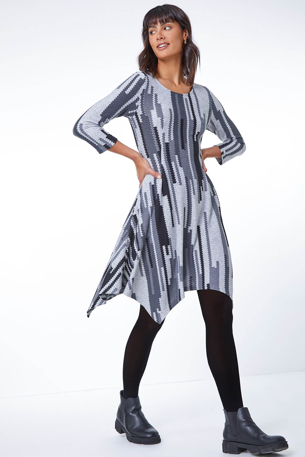 Grey Abstract Stripe Hanky Hem Swing Dress, Image 3 of 5