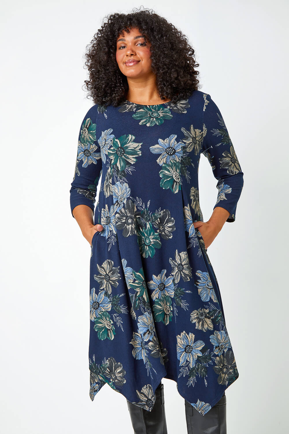 Navy  Curve Floral Print Tunic Stretch Dress, Image 2 of 5