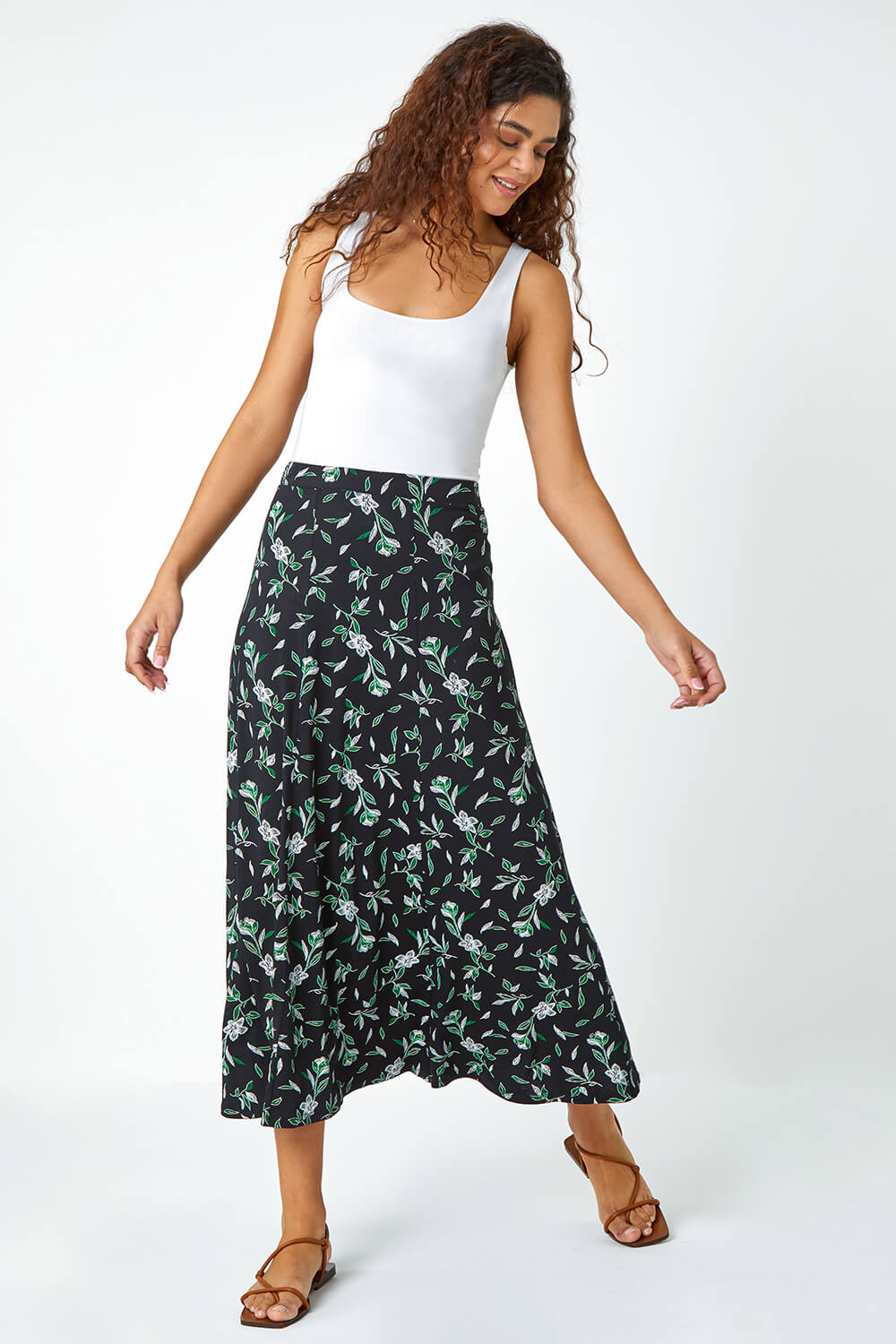 Green Floral Leaf Stretch Jersey Midi Skirt, Image 2 of 5