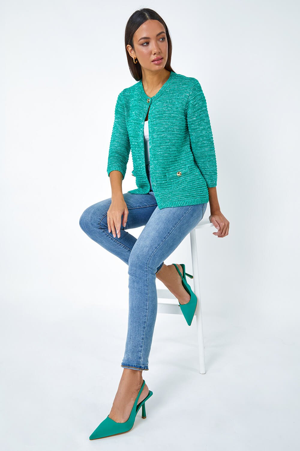 Green Cotton Blend Knitted Cardigan, Image 2 of 5