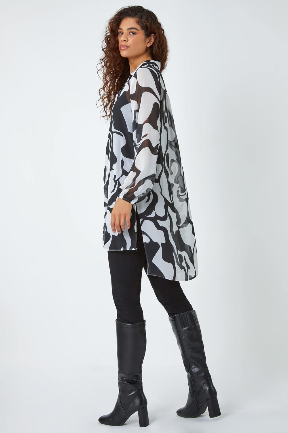 Ivory  Abstract Print Longline Blouse , Image 3 of 5