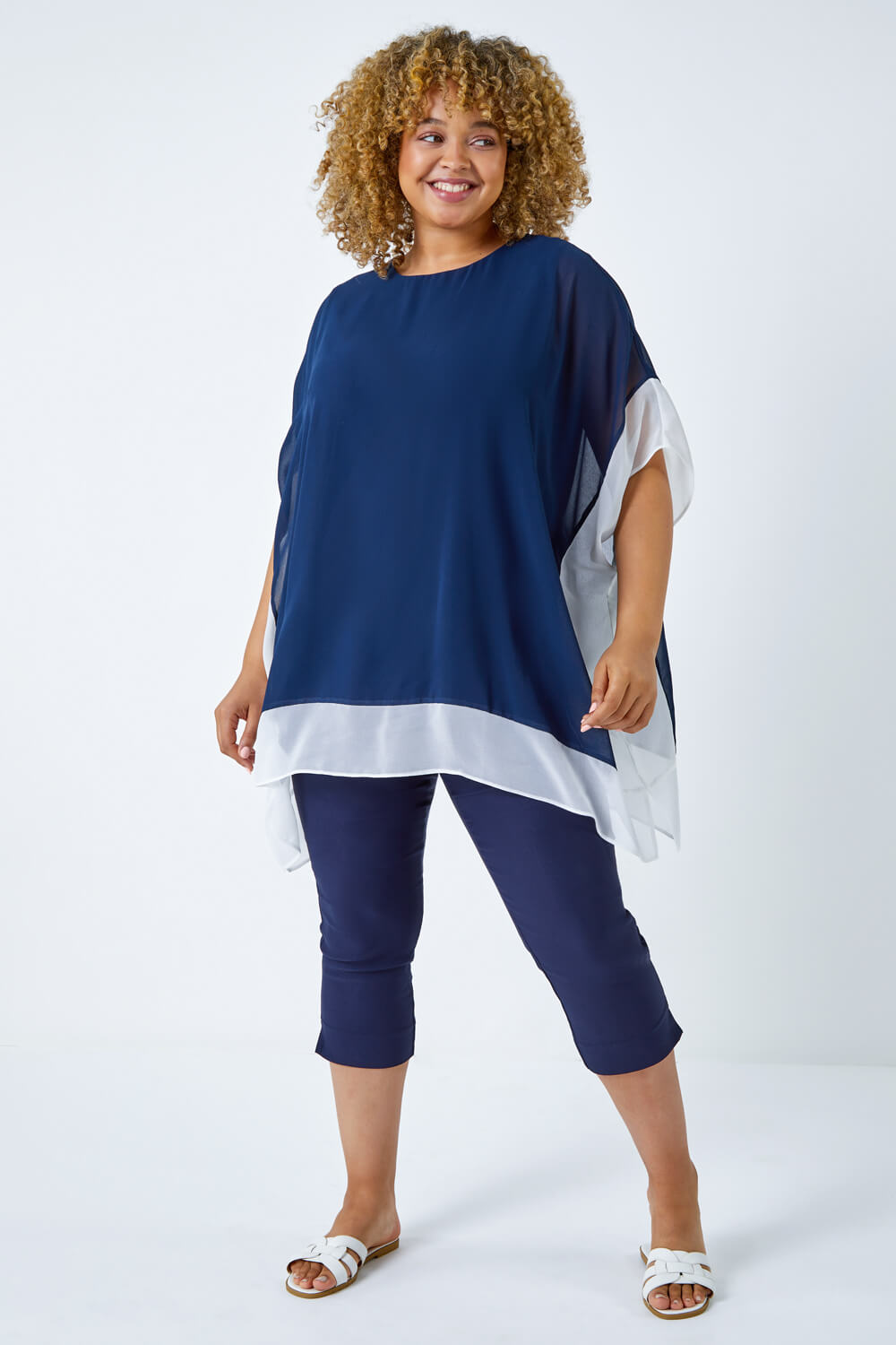 Navy  Curve Chiffon Overlay Top , Image 2 of 5
