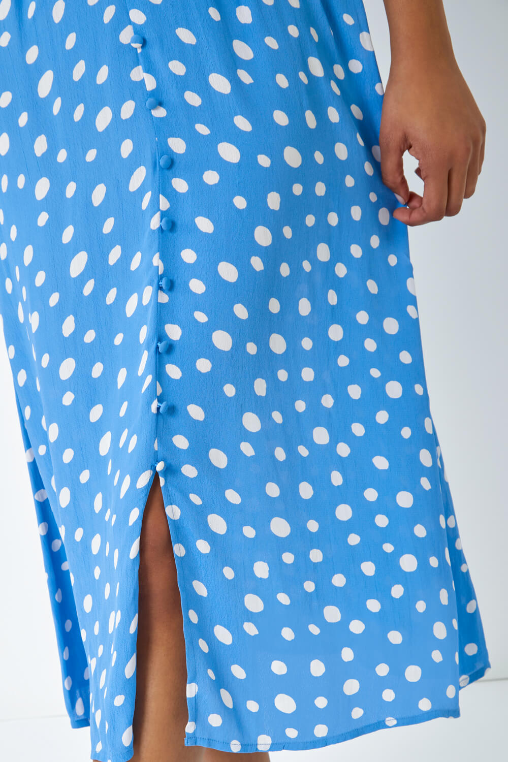 Light Blue  Polka Dot Ruched Sleeve Midi Dress, Image 5 of 5