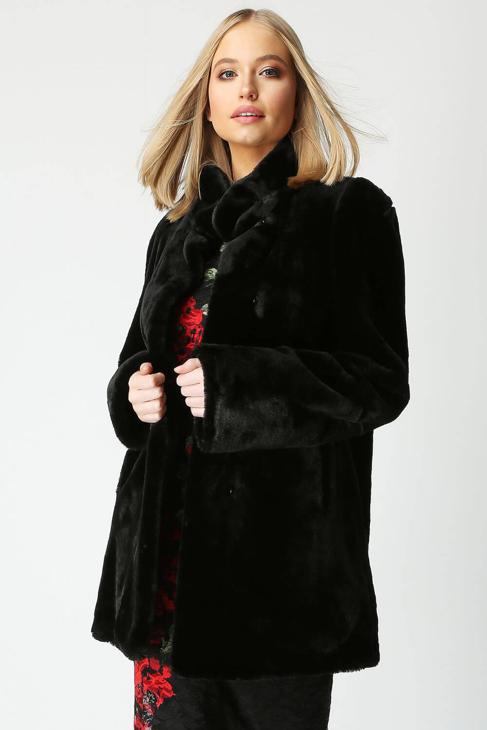 Faux Fur Swing Coat in Black - Roman Originals UK