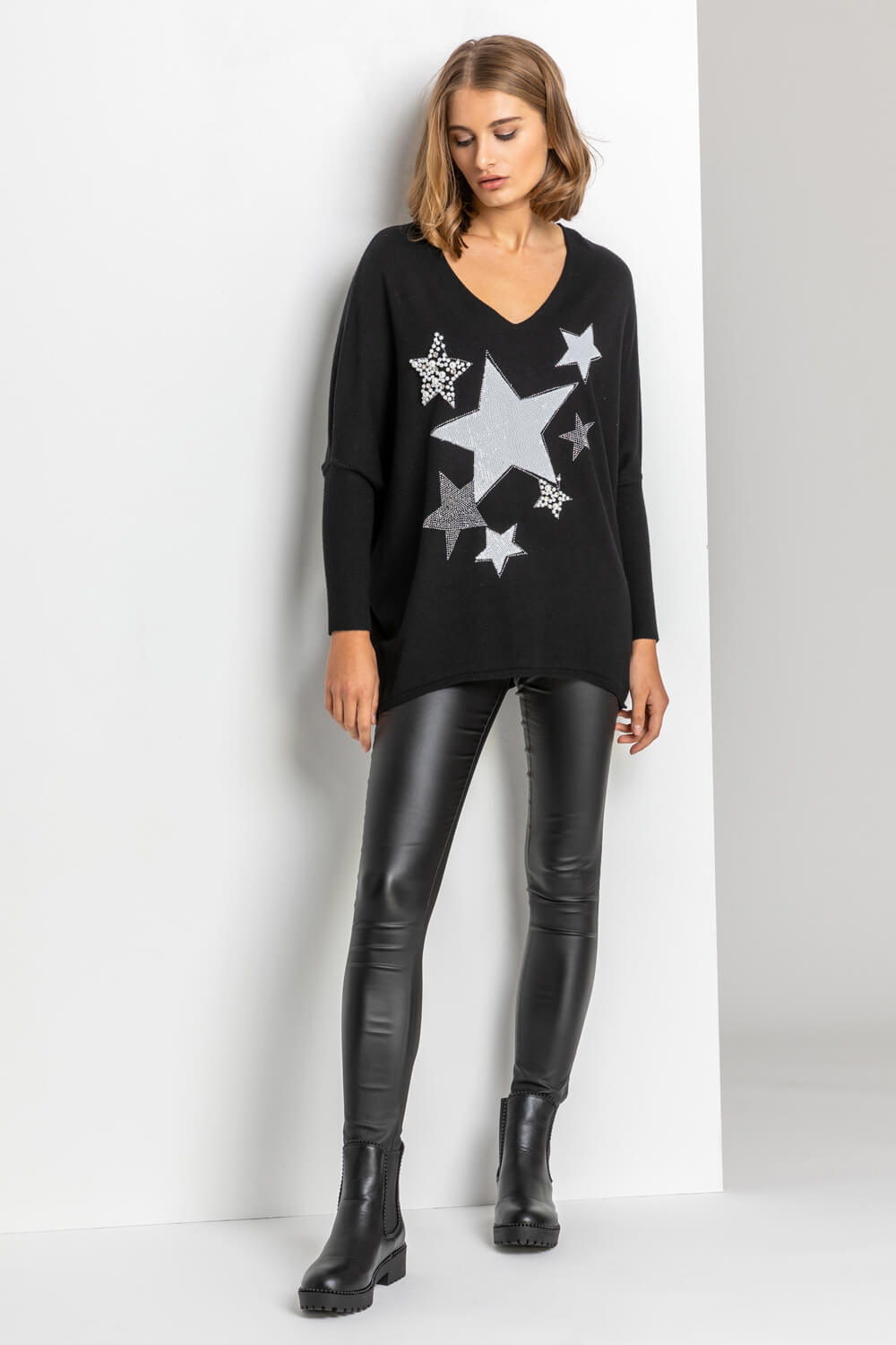 Black Sparkle Star Embellished Comfy Top, Image 3 of 4