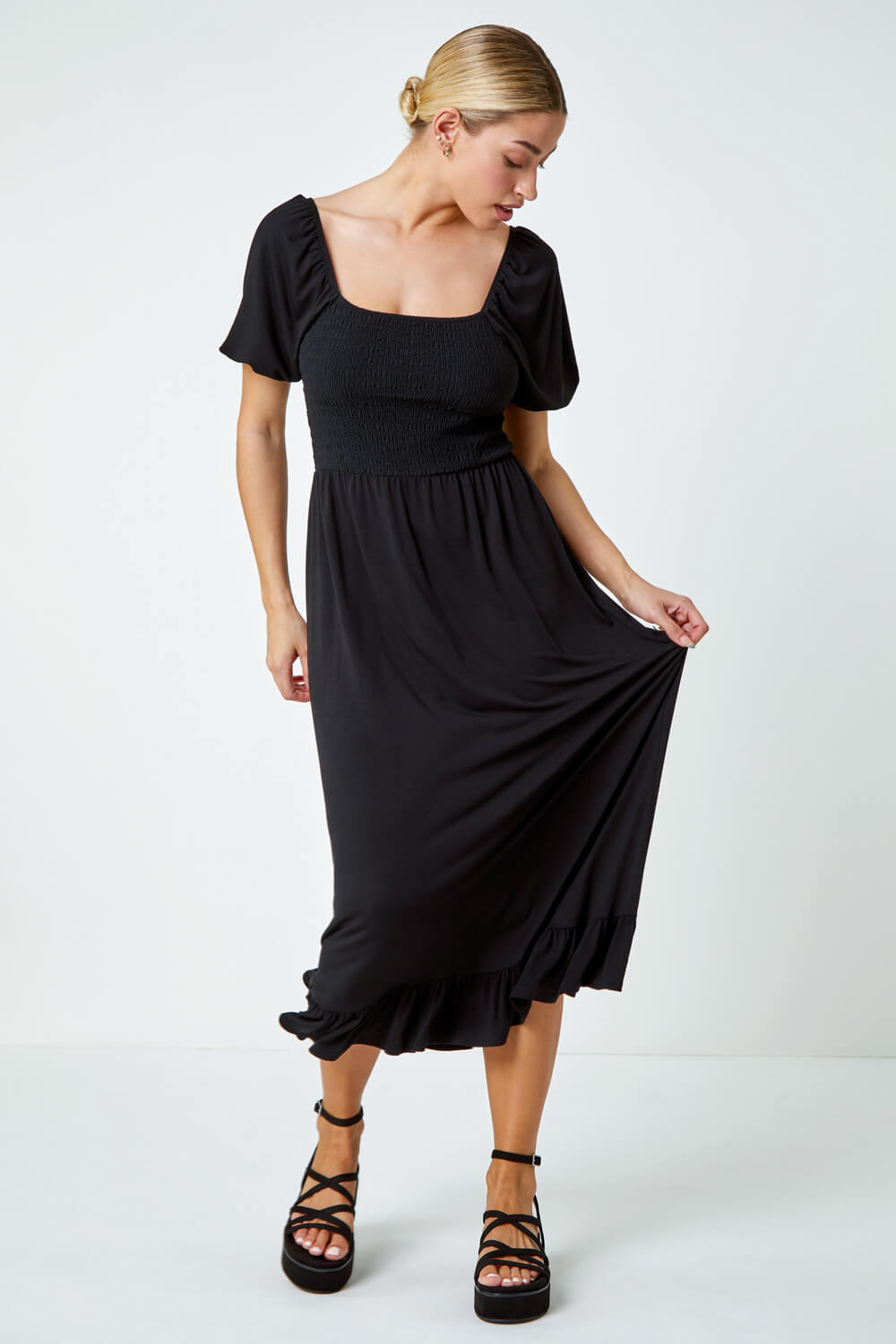 Black Shirred Frill Hem Stretch Dress , Image 4 of 5