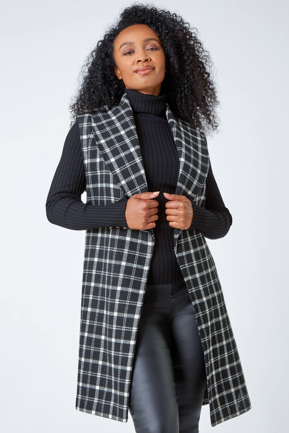 Black Petite Sleeveless Belted Check Coat, Image 2 of 5