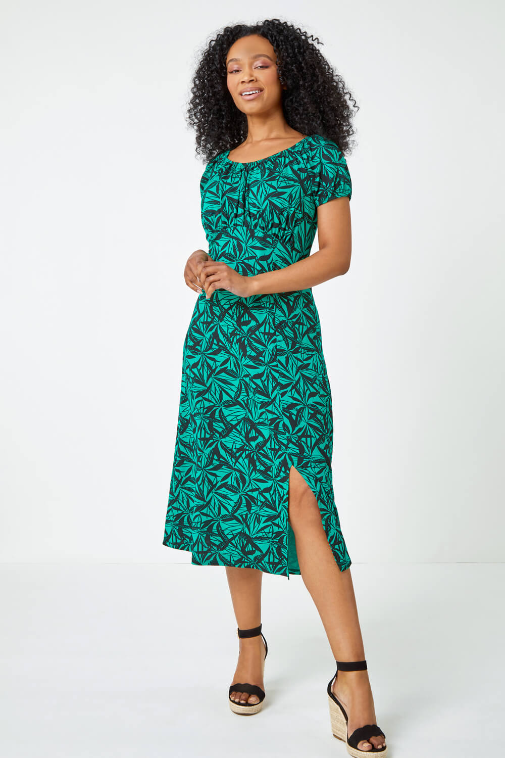 Green Petite Leaf Print Midi Stretch Dress, Image 2 of 5