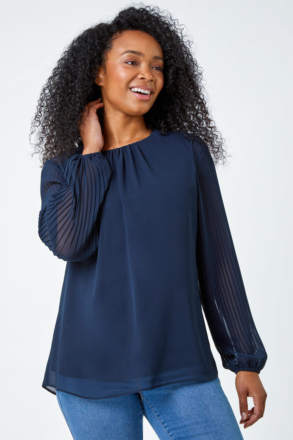 Navy  Petite Pleated Sleeve Gathered Top, Image 5 of 5