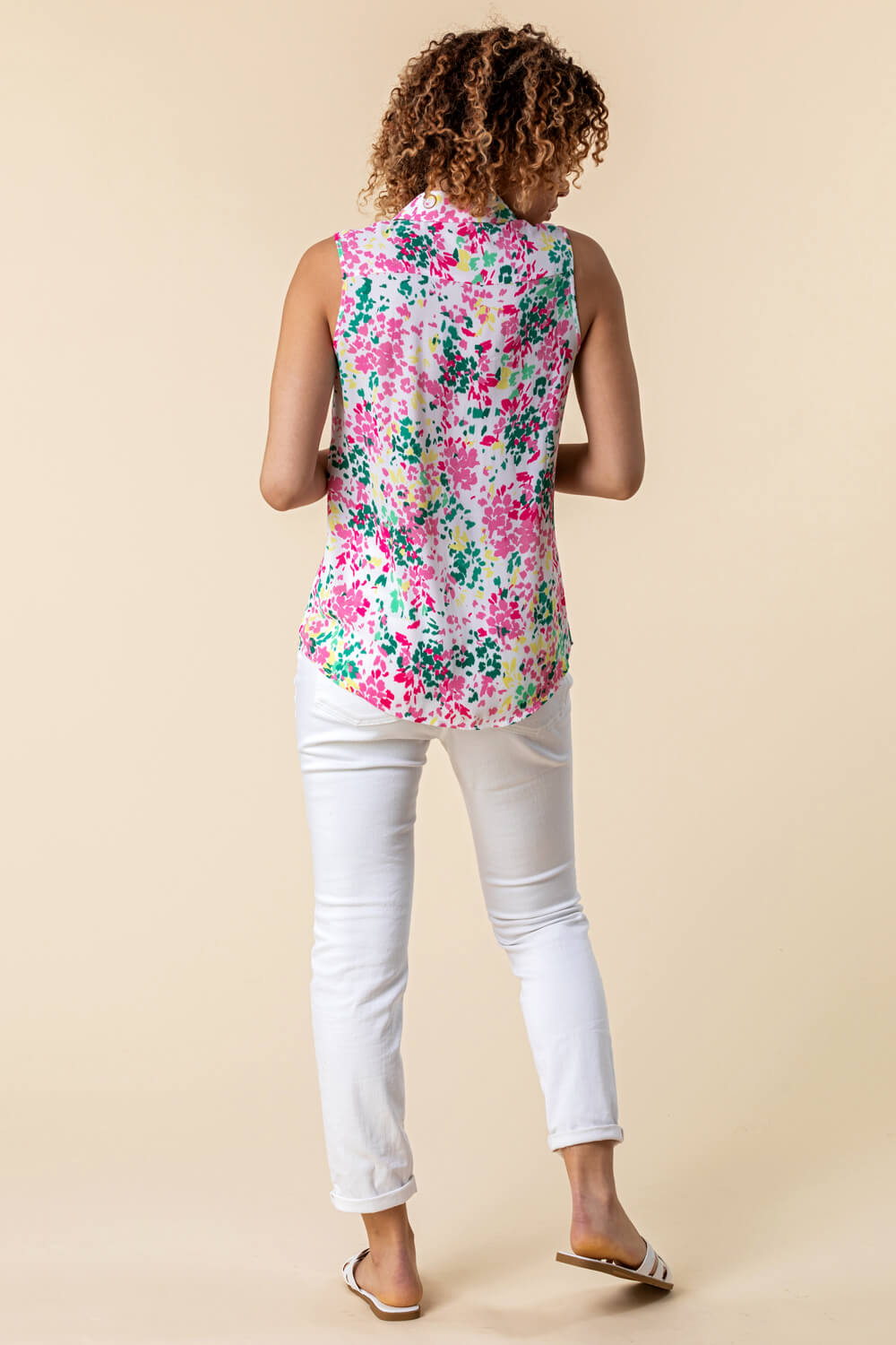 Multi  Ditsy Floral Print Sleeveless Button Up Shirt, Image 2 of 4
