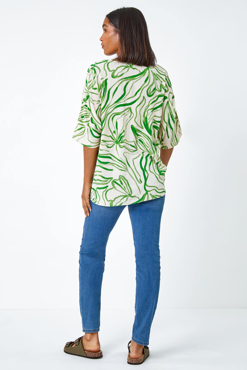 Green Abstract Floral Print Button Twist Top, Image 3 of 5