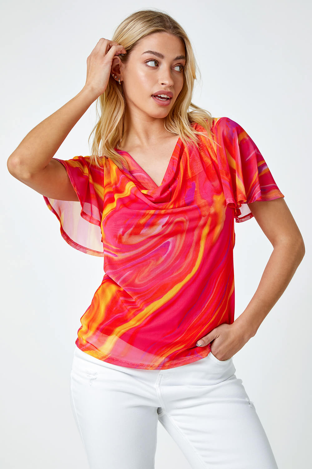 PINK Swirl Print Stretch Cut Out Top, Image 4 of 5