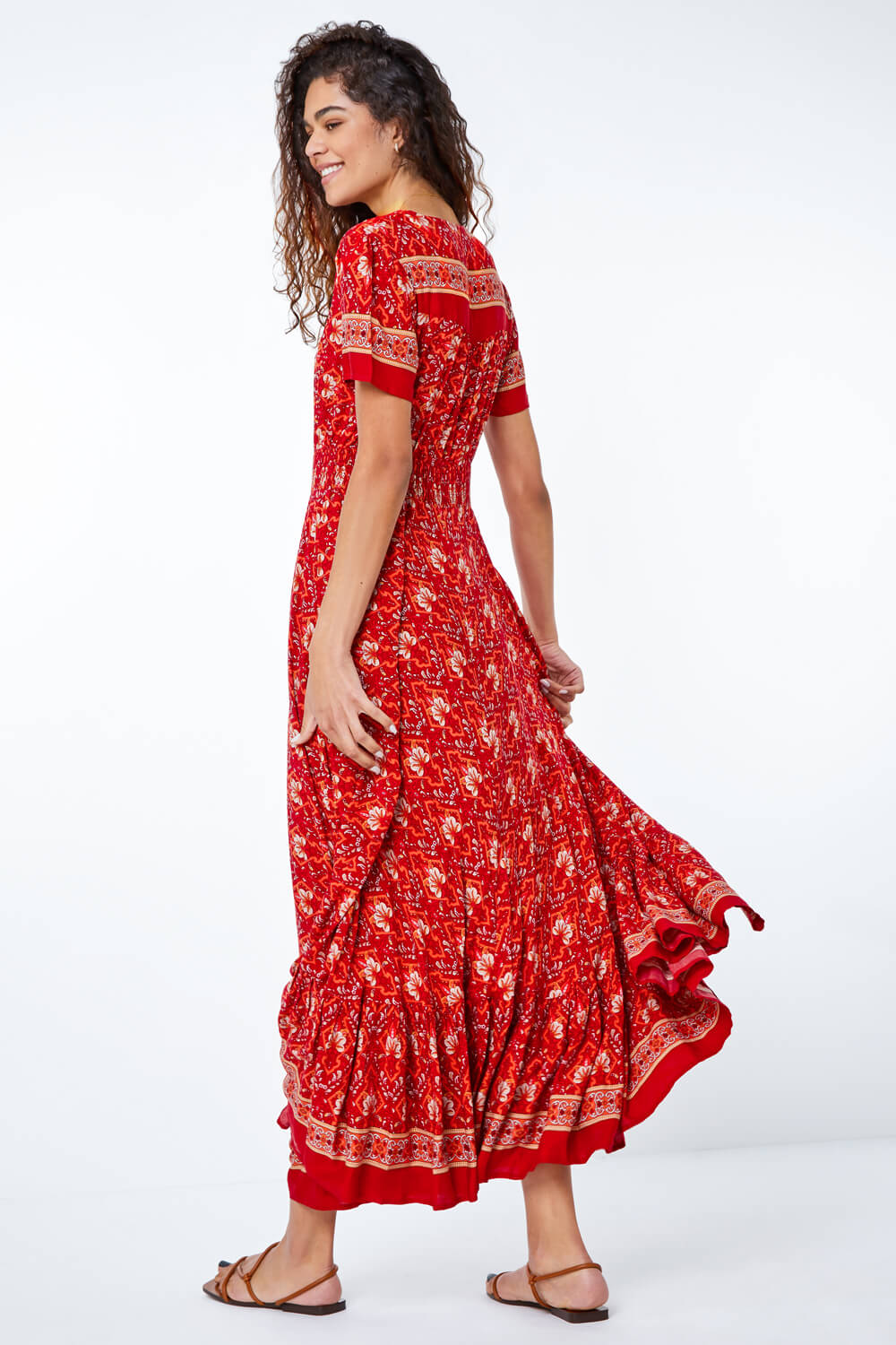 Red Floral Print Shirred Waist Maxi Dress, Image 3 of 5
