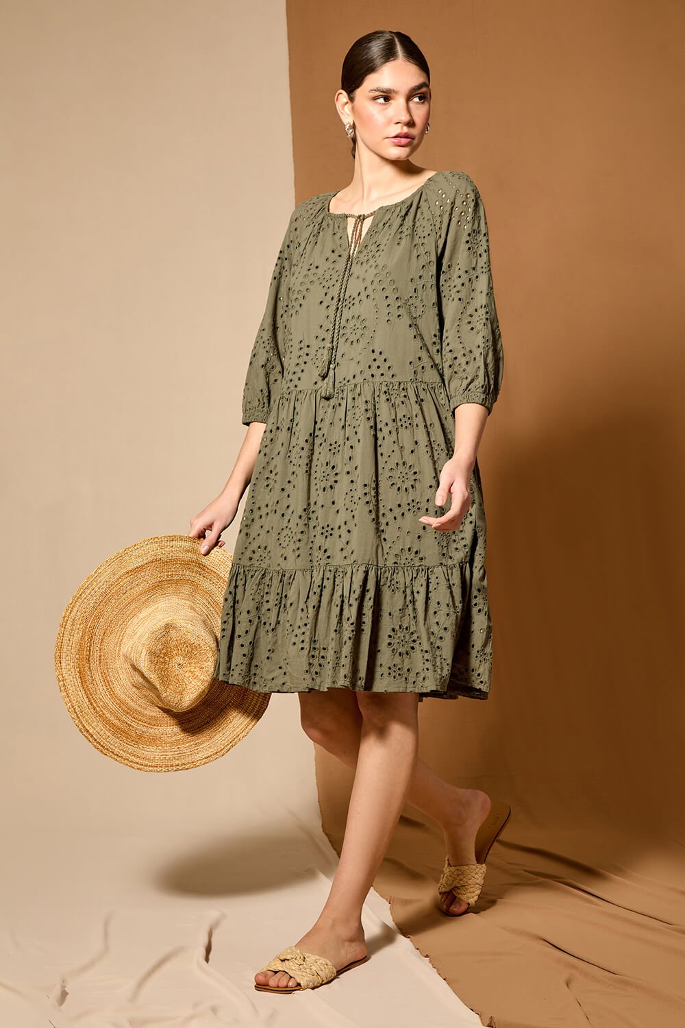 KHAKI Cotton Broderie Tiered Smock Dress, Image 6 of 7