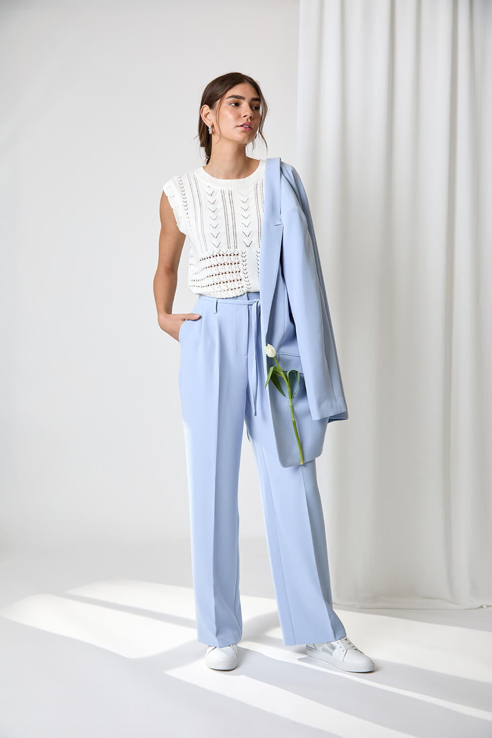 Light Blue  Crepe Stretch Straight Leg Trousers, Image 6 of 7