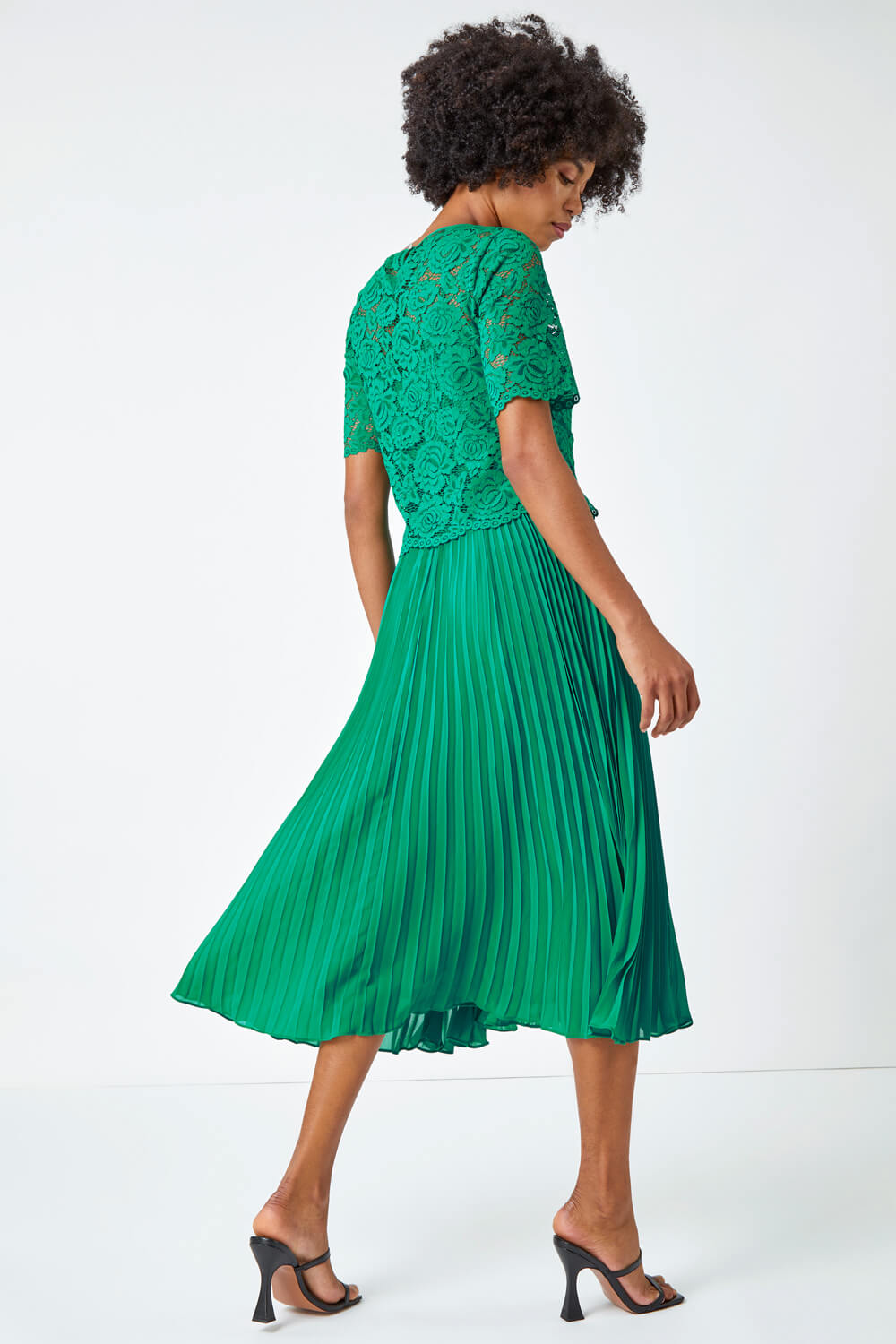 Emerald Lace Top Overlay Pleated Midi Dress, Image 3 of 5