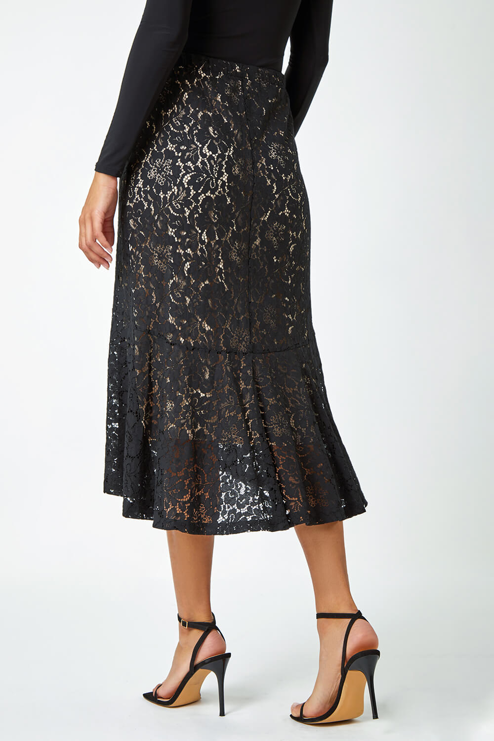 Black Cotton Blend Lace Stretch Skirt | Roman UK