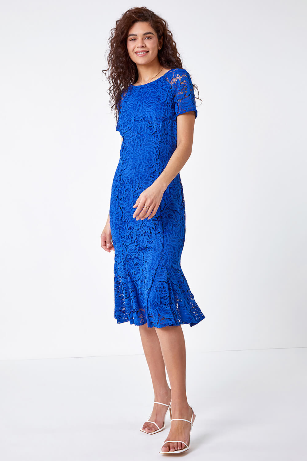 Royal Blue Flute Hem Lace Midi Dress, Image 1 of 5