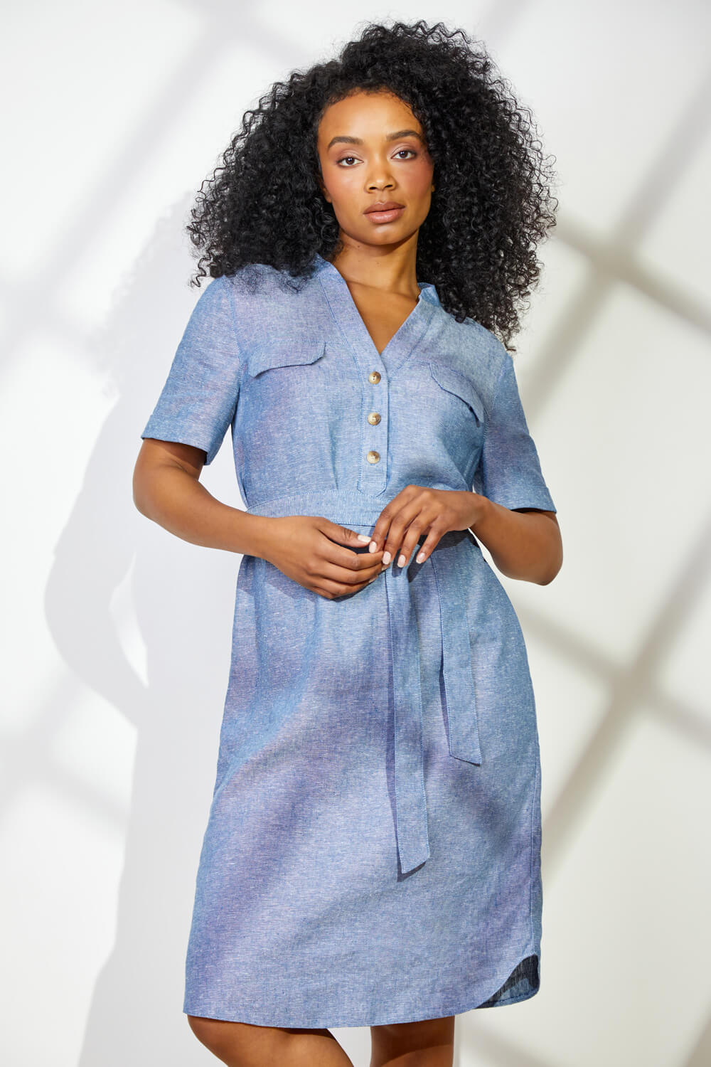Blue Petite Linen Blend Shirt Shift Dress, Image 3 of 6