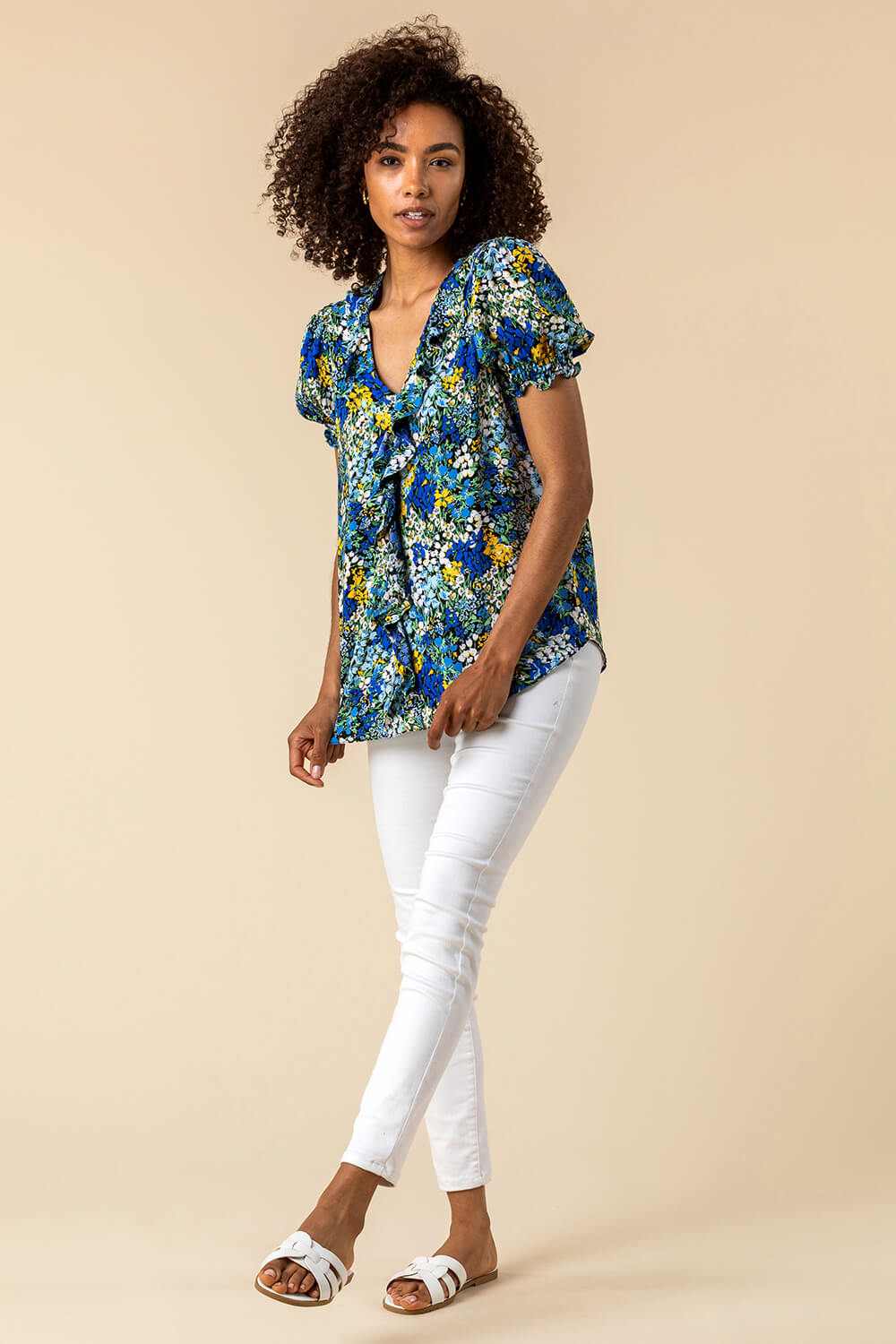 Blue Floral Print Frill Detail Blouse, Image 3 of 5