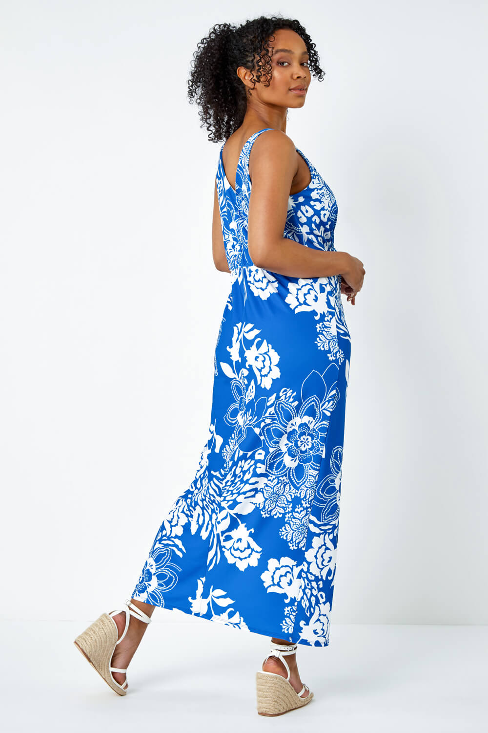Blue Petite Floral Knot Stretch Maxi Dress, Image 3 of 5