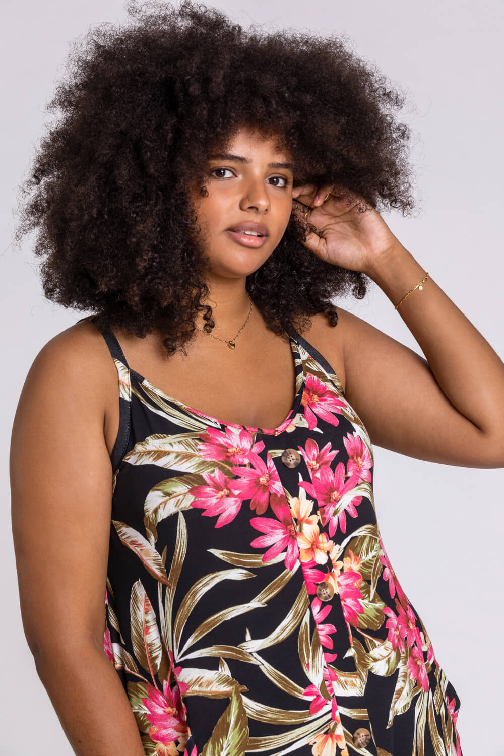 PINK Curve Tropical Print Button Detail Dress, Image 4 of 5