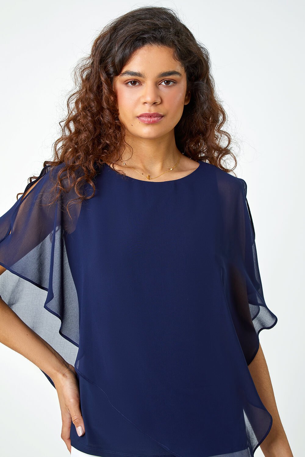 Navy  Asymmetric Cold Shoulder Stretch Top, Image 4 of 5
