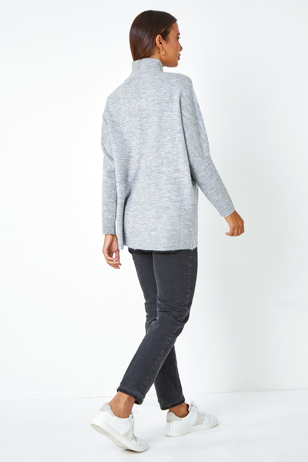 Light Grey Cable Knit Roll Neck Stretch Longline Jumper, Image 3 of 5