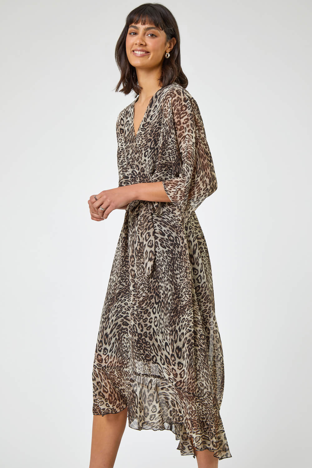 Brown Animal Print Chiffon Wrap Dress, Image 4 of 5