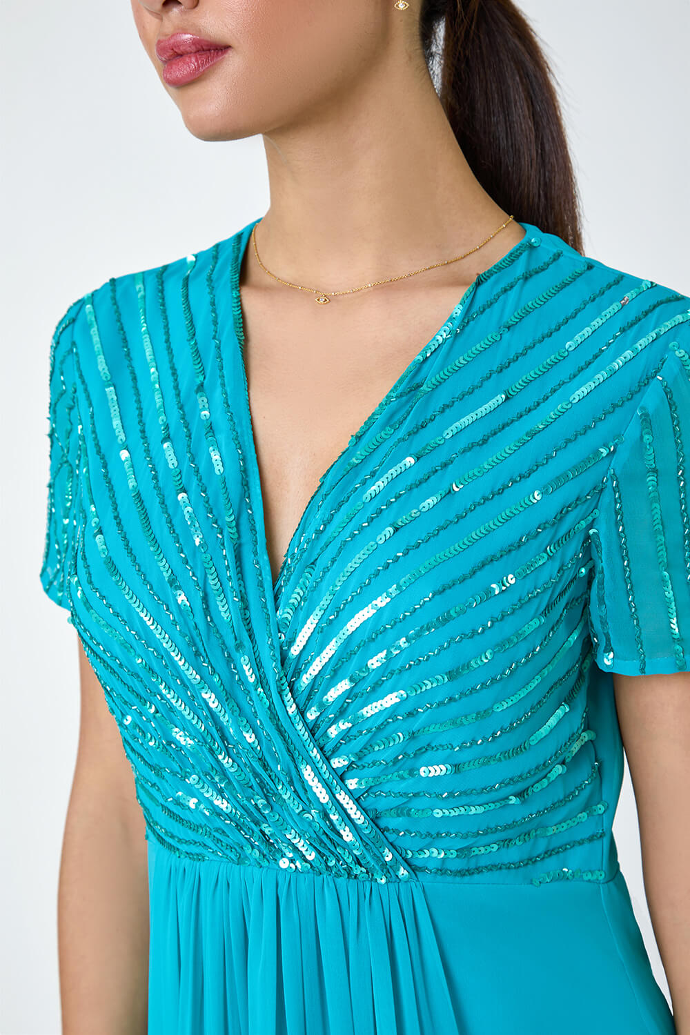Teal Sequin Embellished Maxi Dress, Image 5 of 5
