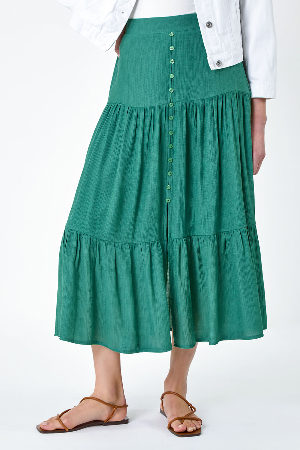 Green Textured Button Tiered Midi Skirt, Image 4 of 5
