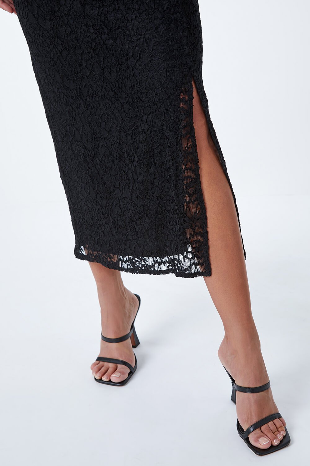 Black Ruched Waist Lace Maxi Dress, Image 5 of 5