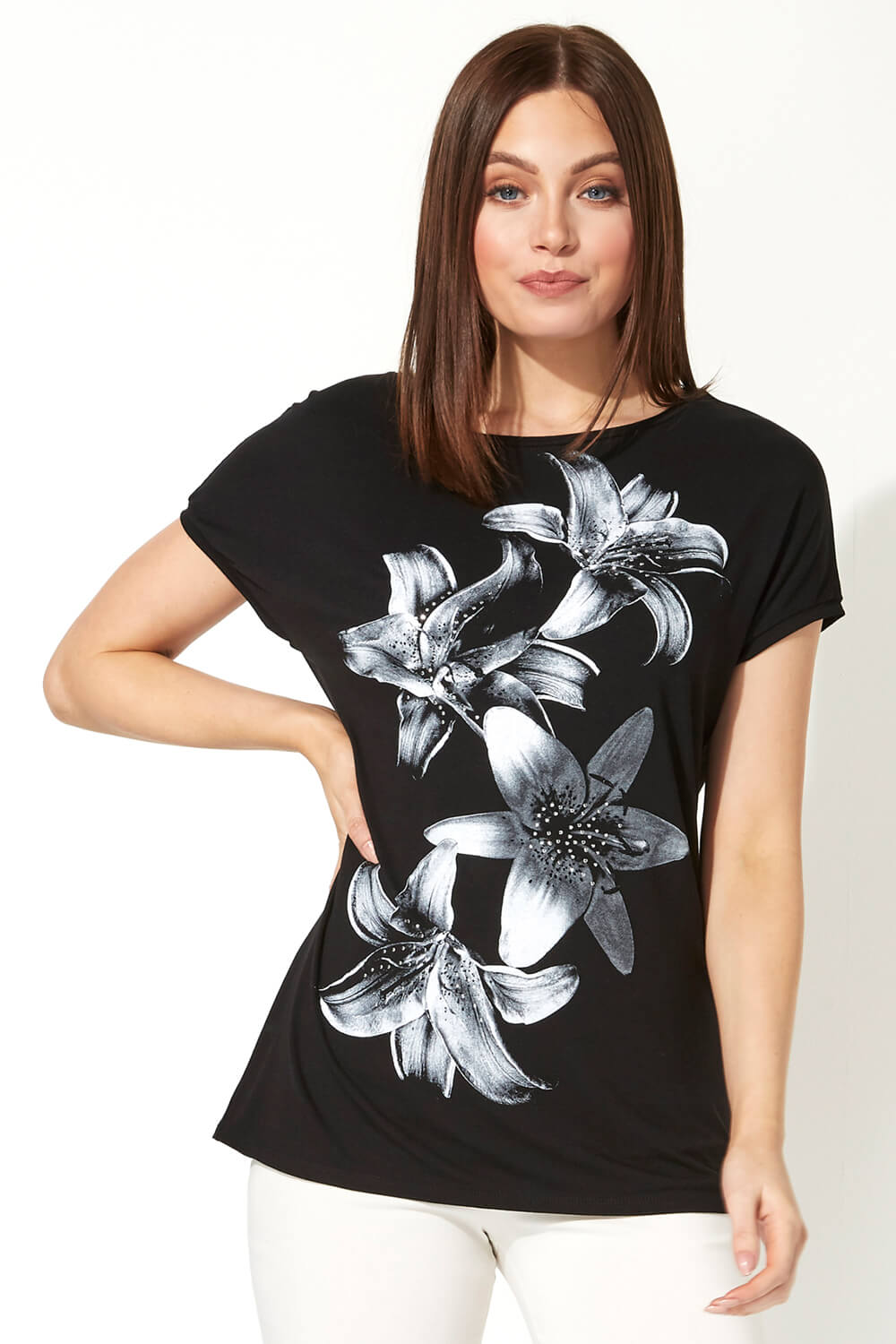 Floral Lily Print Embellished T-Shirt in Black - Roman Originals UK