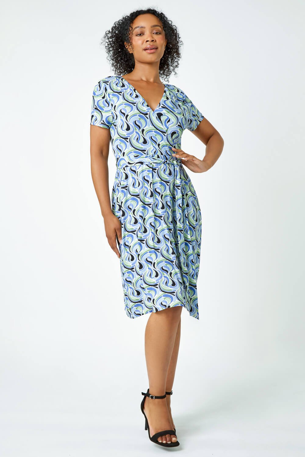 Blue Petite Swirl Print Jersey Wrap Dress, Image 2 of 5