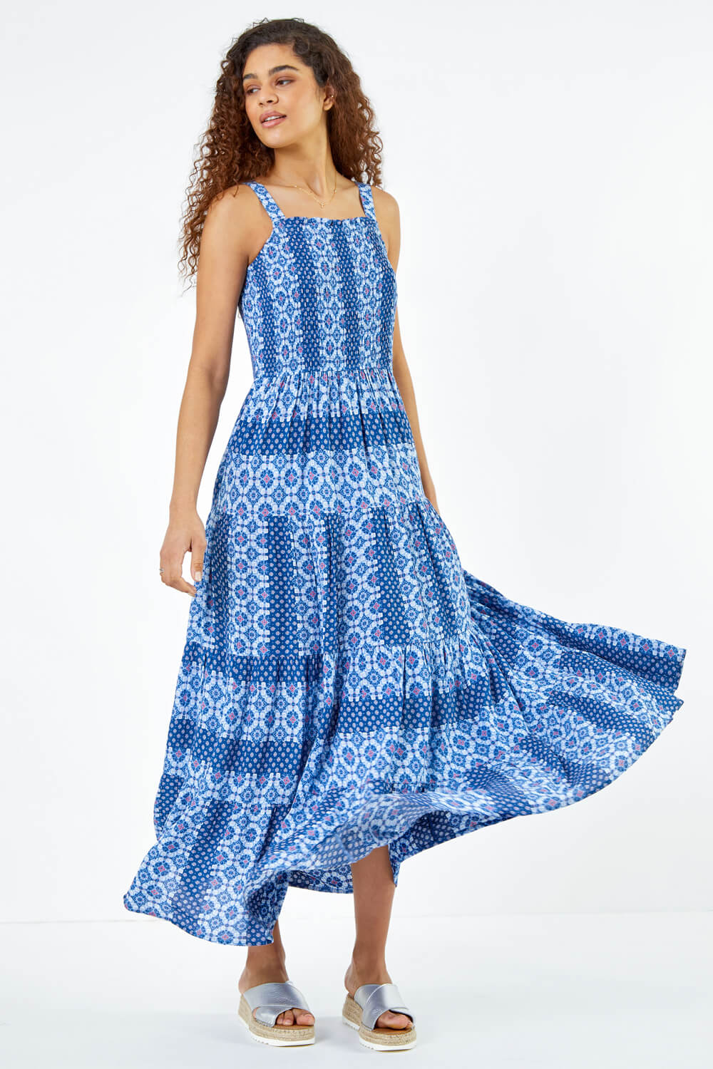 Blue Printed Shirred Bodice Maxi Dress, Image 4 of 5