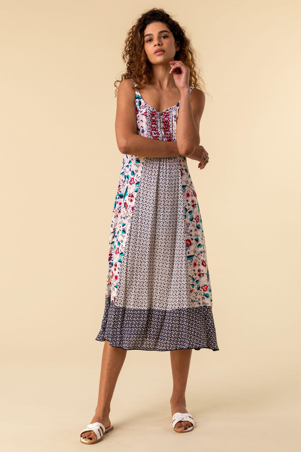 Ivory  Geo Floral Print Strappy Sun Dress, Image 3 of 4