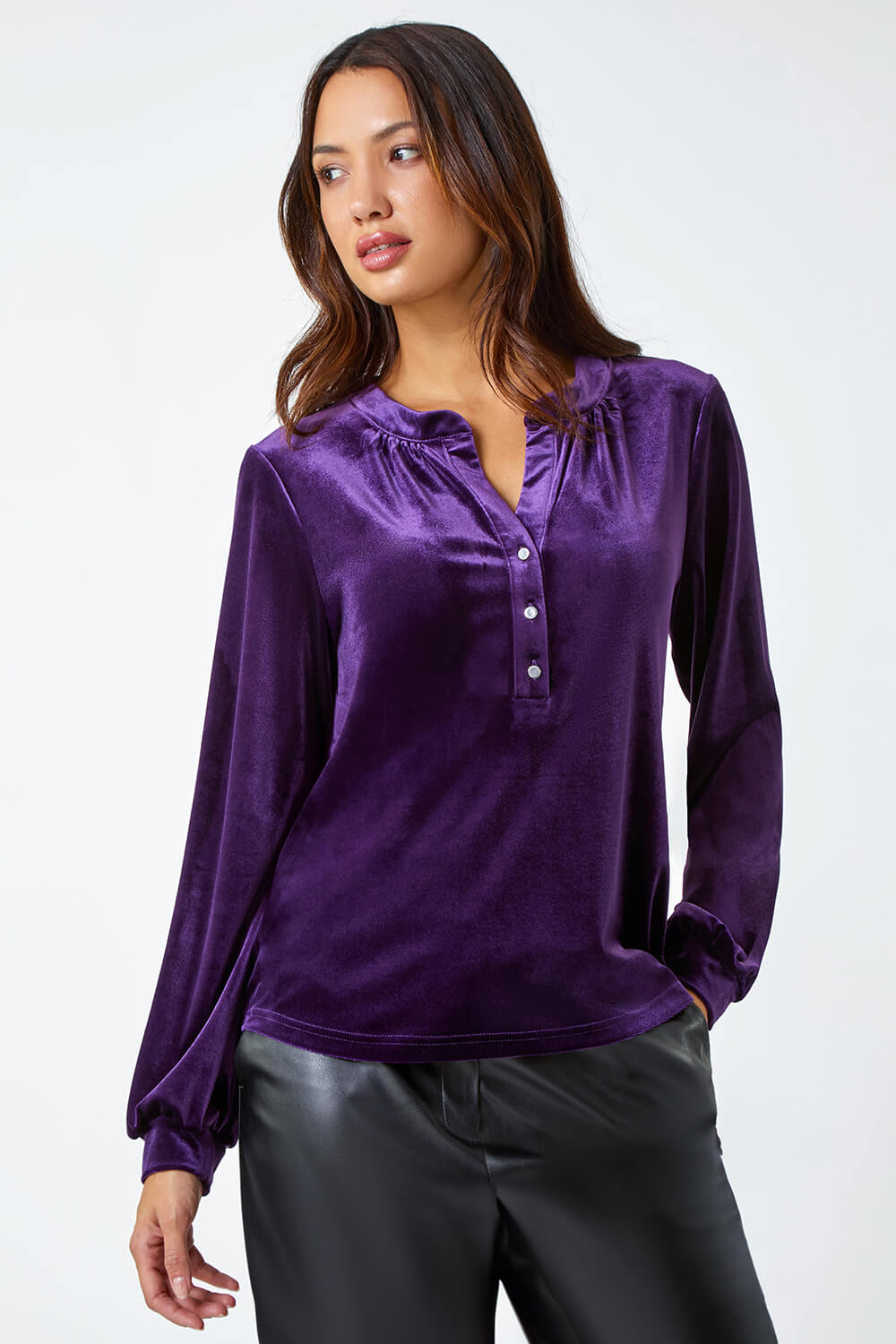 Purple Velvet Button Front Stretch Shirt | Roman UK