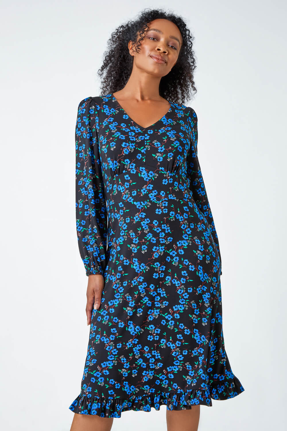 Blue Petite Floral Print Stretch Dress | Roman UK