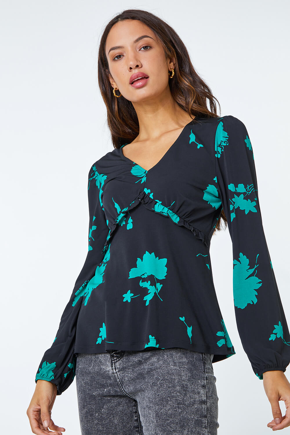 Black Floral Frill Stretch Top | Roman UK