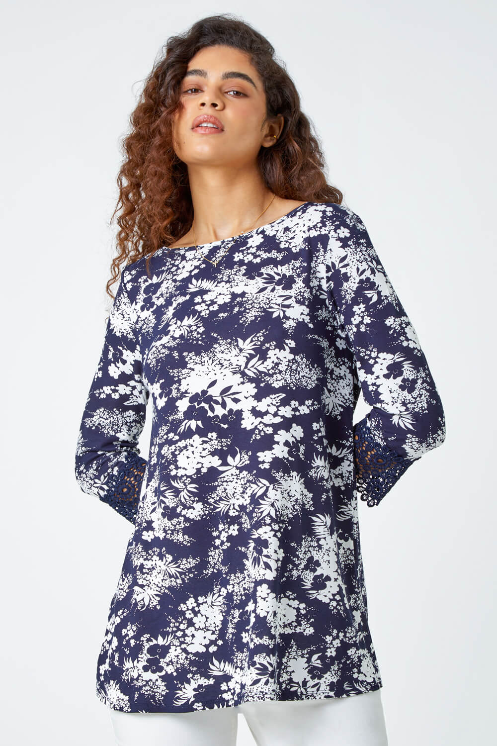 Navy  Floral Lace Trim Stretch Top, Image 4 of 5