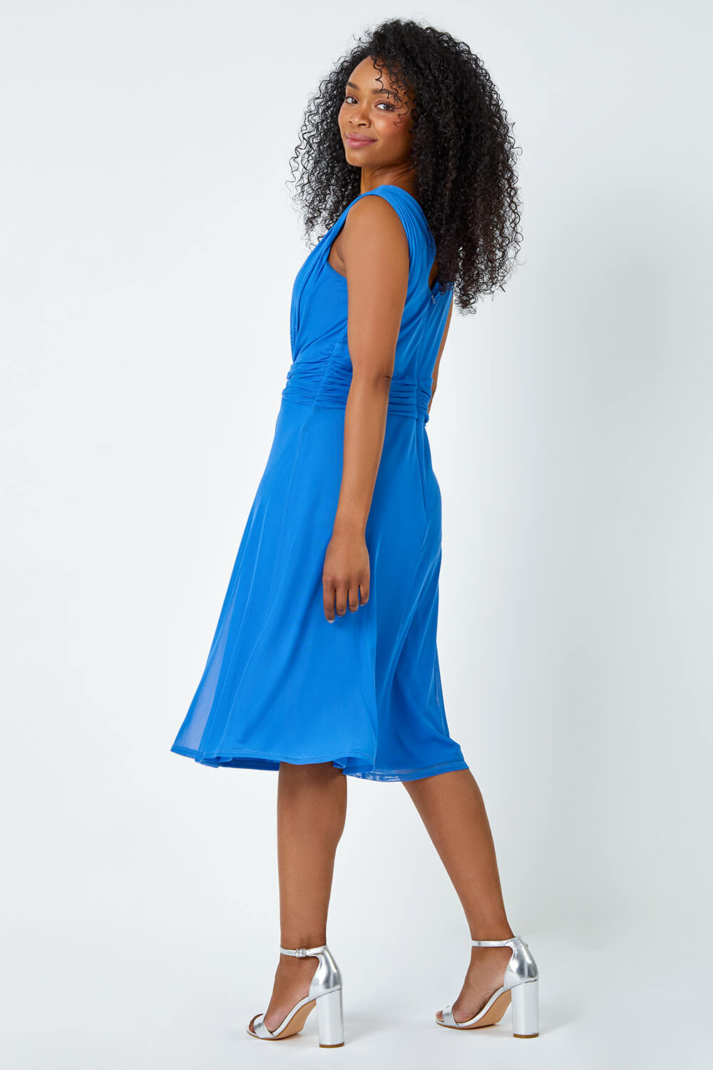 Royal Blue Petite Embellished Waist Stretch Chiffon Dress, Image 3 of 5